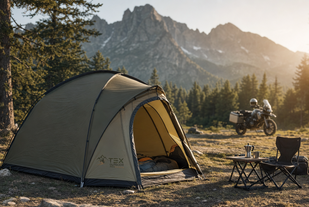 Doğada kurulu TEX Outdoor kamp çadırı ve motocamping alanı