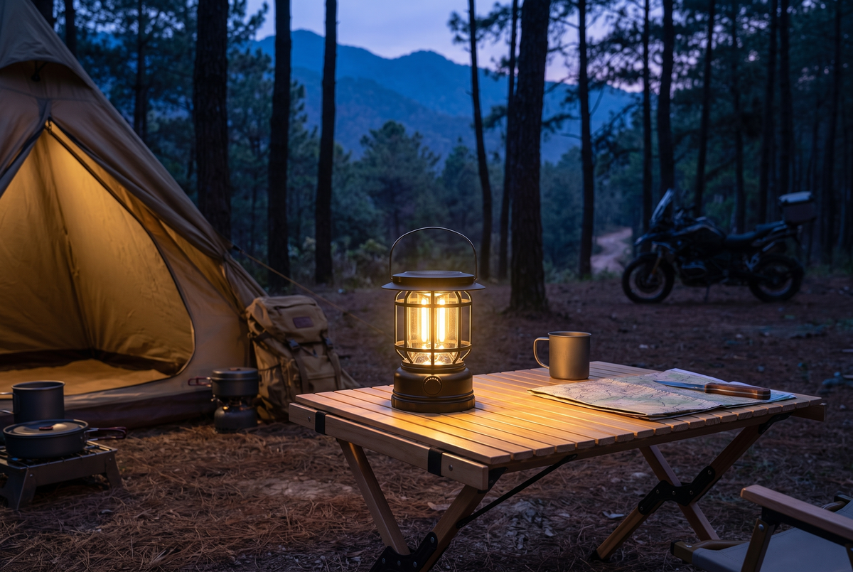 Gece kamp alanını aydınlatan taşınabilir outdoor kamp lambası