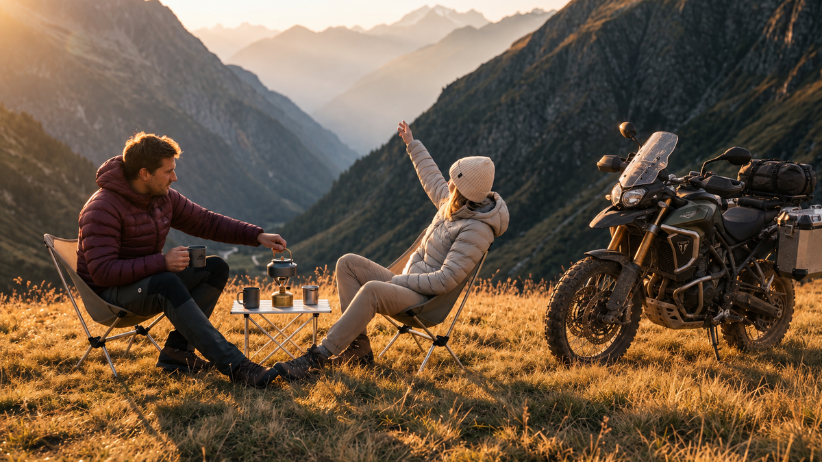 Tex Outdoor MotoCamping – dağ kampında motosiklet, kamp sandalyesi ve outdoor ekipmanları